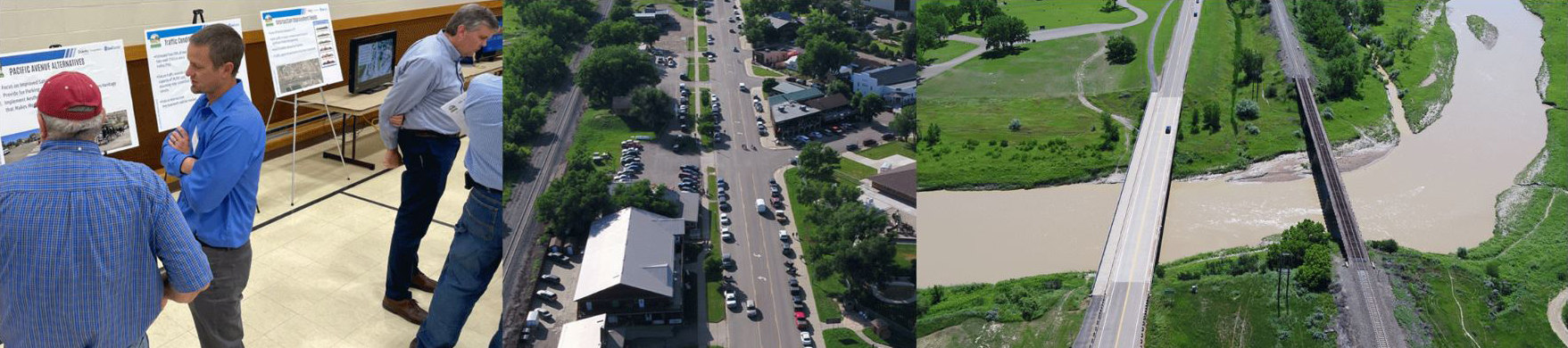 Photo collage: left image is a photo of a public input meeting, the middle and right photos are roadway photos around the city of Medora. 