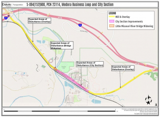 Project map showing expected construction area in Medora on the I-94 Business Loop. 